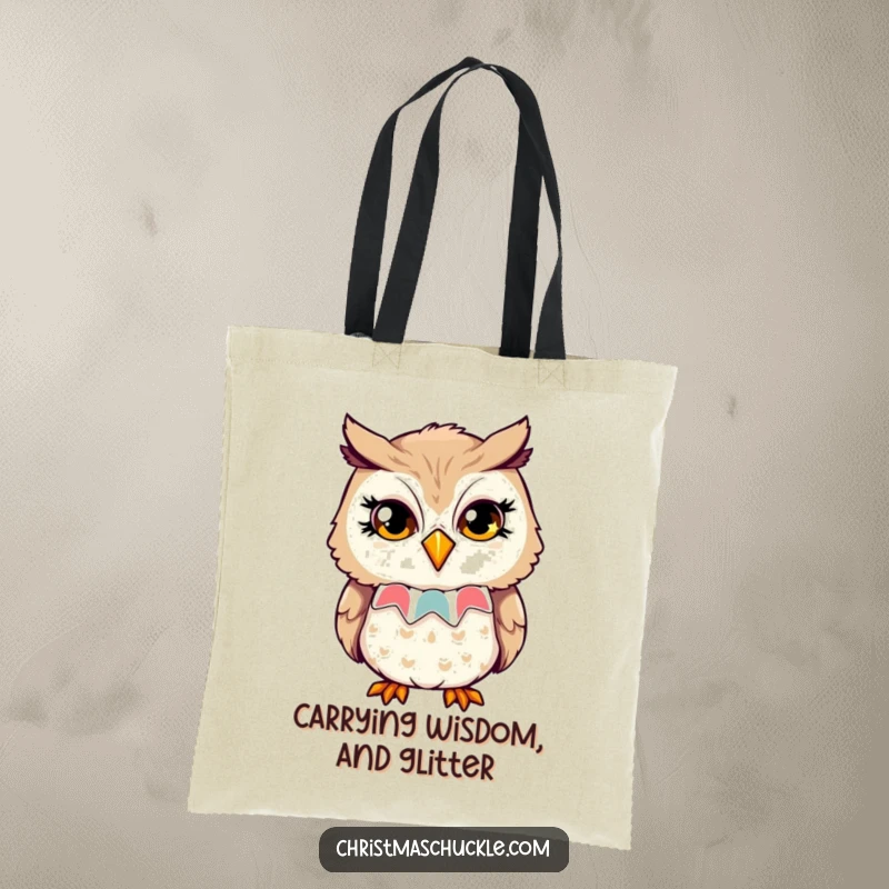 Funny tote bag featuring an owl in a clown collar, giving a playful wink with sparkling eyes, perfect for carrying your wit.