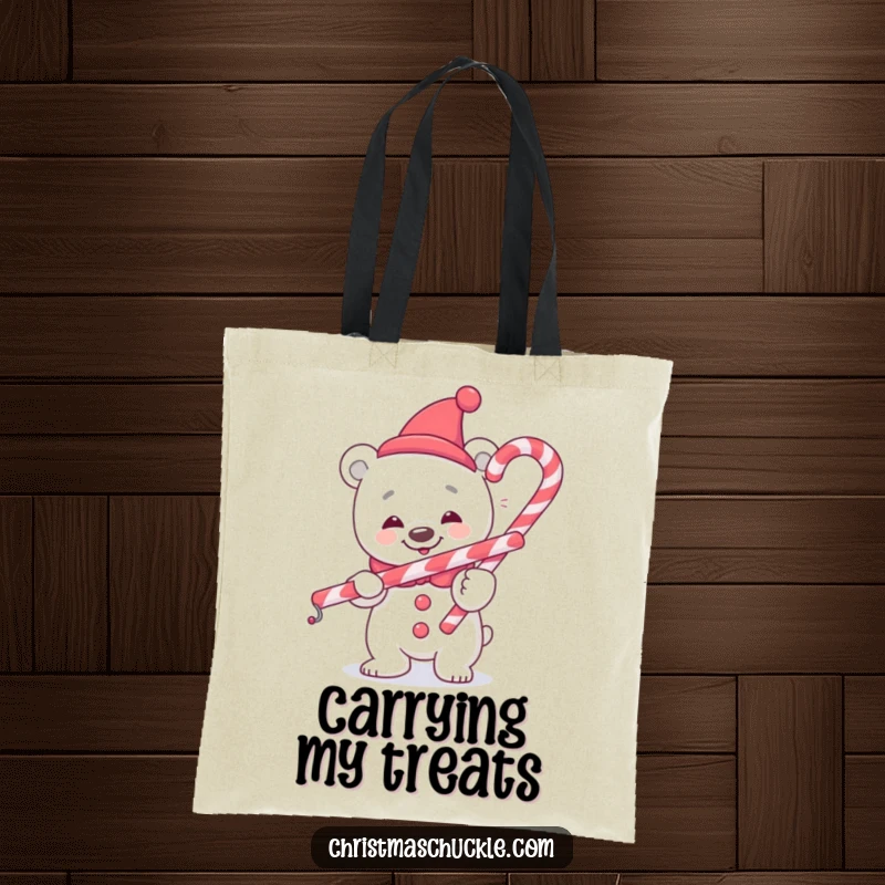 Funny polar bear clown tote bag, cheerful and clumsy, balancing a candy cane, a practical and humorous accessory, perfect funny gift.