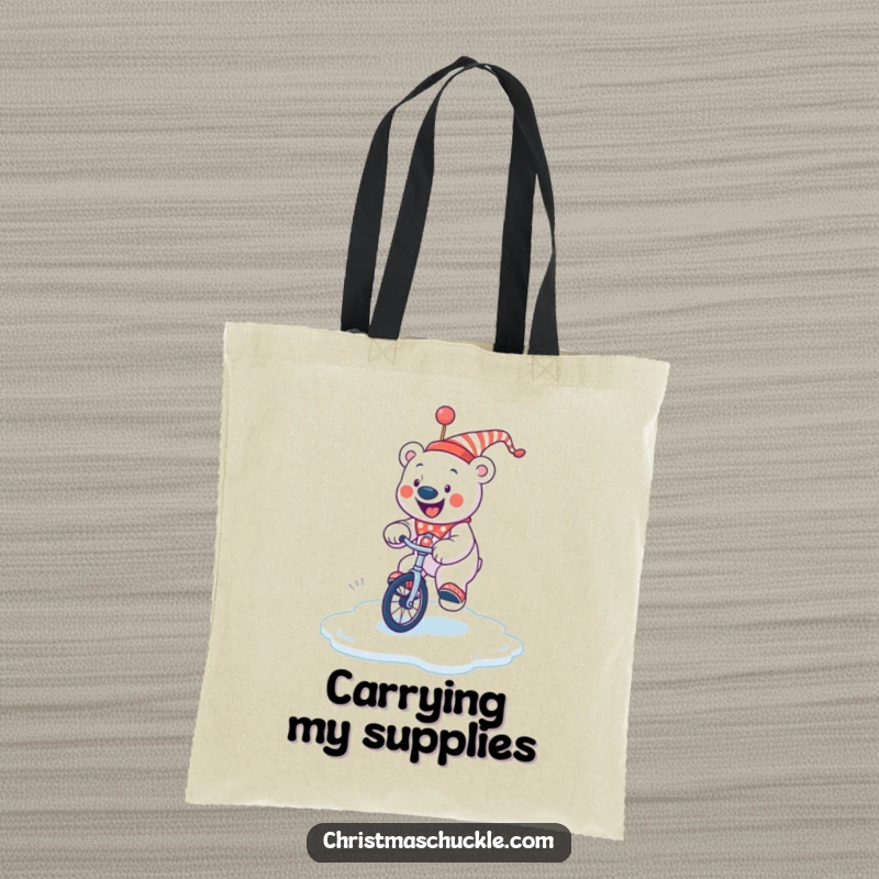 Funny jolly polar bear clown attempting to ride a unicycle on a slippery ice patch, a humorous tote bag for winter outings.