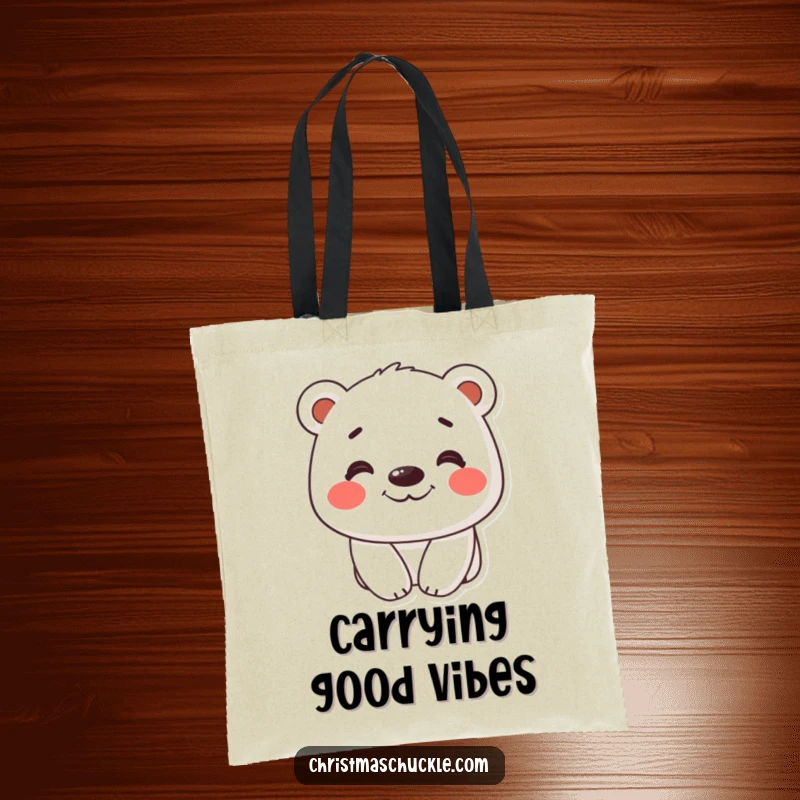 Funny tote bag featuring a happy polar bear with red cheeks and a silly grin, perfect for everyday use.