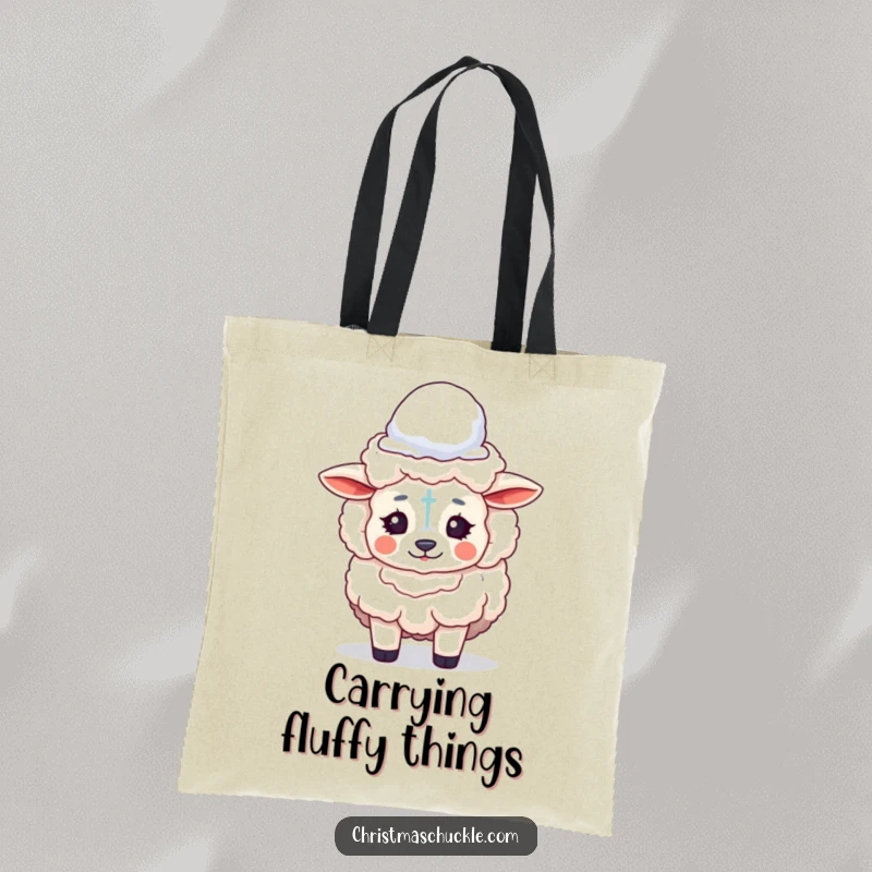 Funny tote bag featuring a fluffy sheep with clown makeup, comically balancing a snowball on its head, perfect for shopping or carrying books.