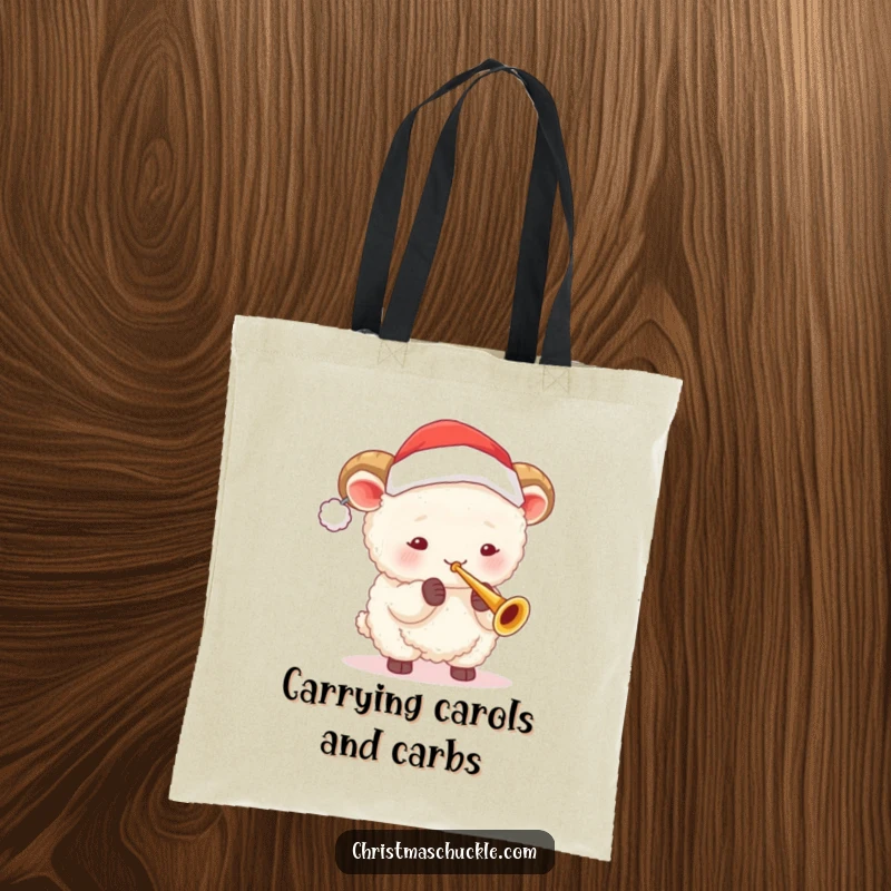 Funny sheep wearing Santa hat plays a tiny trumpet on a tote bag, ideal for carrying holiday items with humor.
