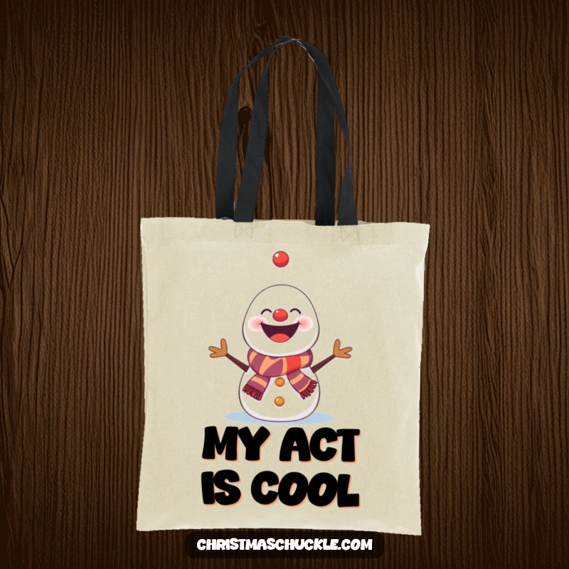 Funny snowman tote bag, a clown-grinning snowman erratically juggling snowflakes, for a humorous shopping experience.