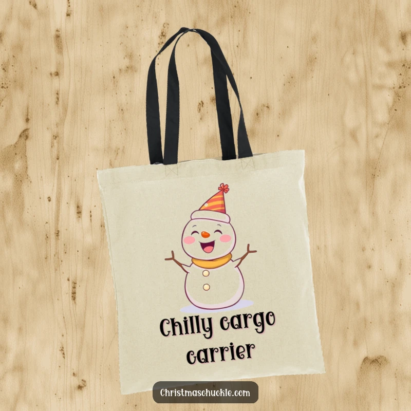 Funny tote bag featuring a happy snowman wearing a party hat, spinning with delight, perfect for carrying winter essentials.