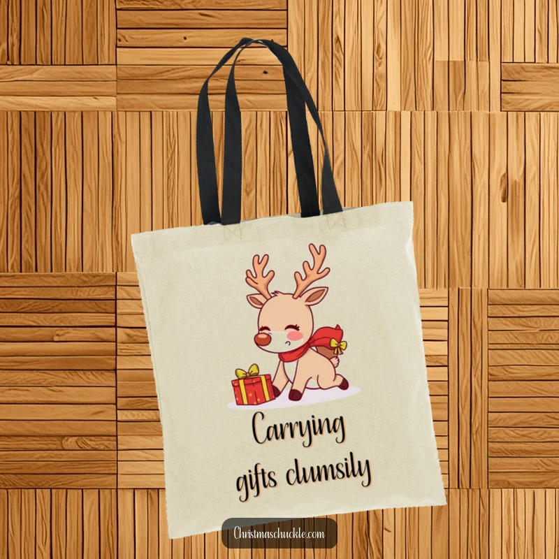 Funny blushing reindeer tripping and dropping a present on a tote bag, ideal for carrying holiday items with humor.