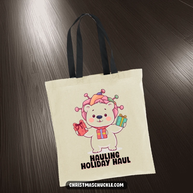 Funny tote bag featuring a curious polar bear in a bright clown wig, juggling wrapped presents with a happy expression, practical and cute.