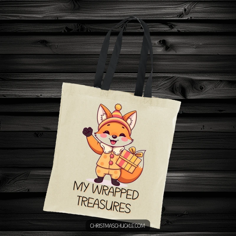 Funny fox tote bag, a festive fox in a clown costume holding a brightly wrapped gift, humorous shopping accessory.